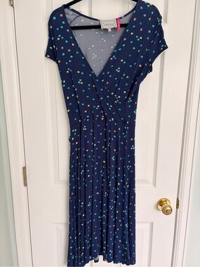 Leota Navy Polka Dot Wrap Midi Dress